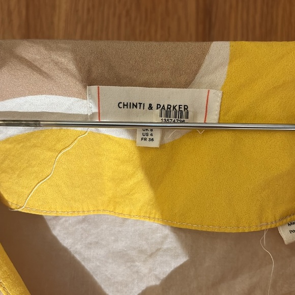 Chinti & Parker Wave Printed Puff Sleeve Tie Waist V-Neck Mini Dress Yellow Tan - Picture 3 of 5